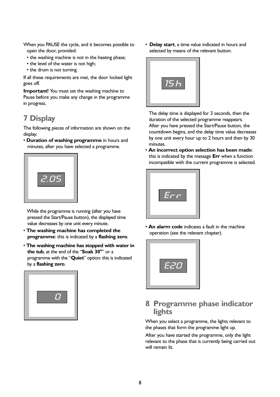 8 programme phase indicator lights, 7 display | John Lewis JLWM1201 User Manual | Page 8 / 26