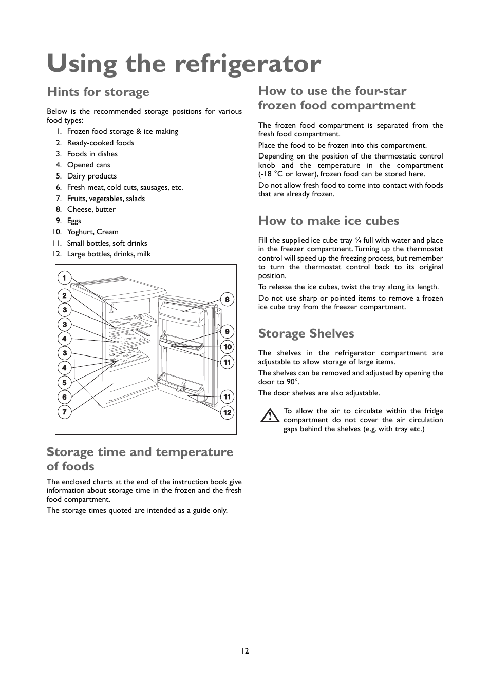 Using the refrigerator, Storage time and temperature of foods, Hints for storage | How to use the four-star frozen food compartment, How to make ice cubes, Storage shelves | John Lewis JLUCFRW6001 User Manual | Page 12 / 20