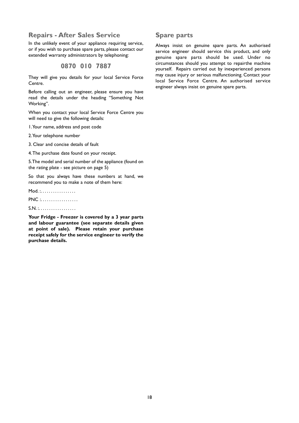 Repairs - after sales service, Spare parts | John Lewis JLUCFRW6001 User Manual | Page 18 / 20