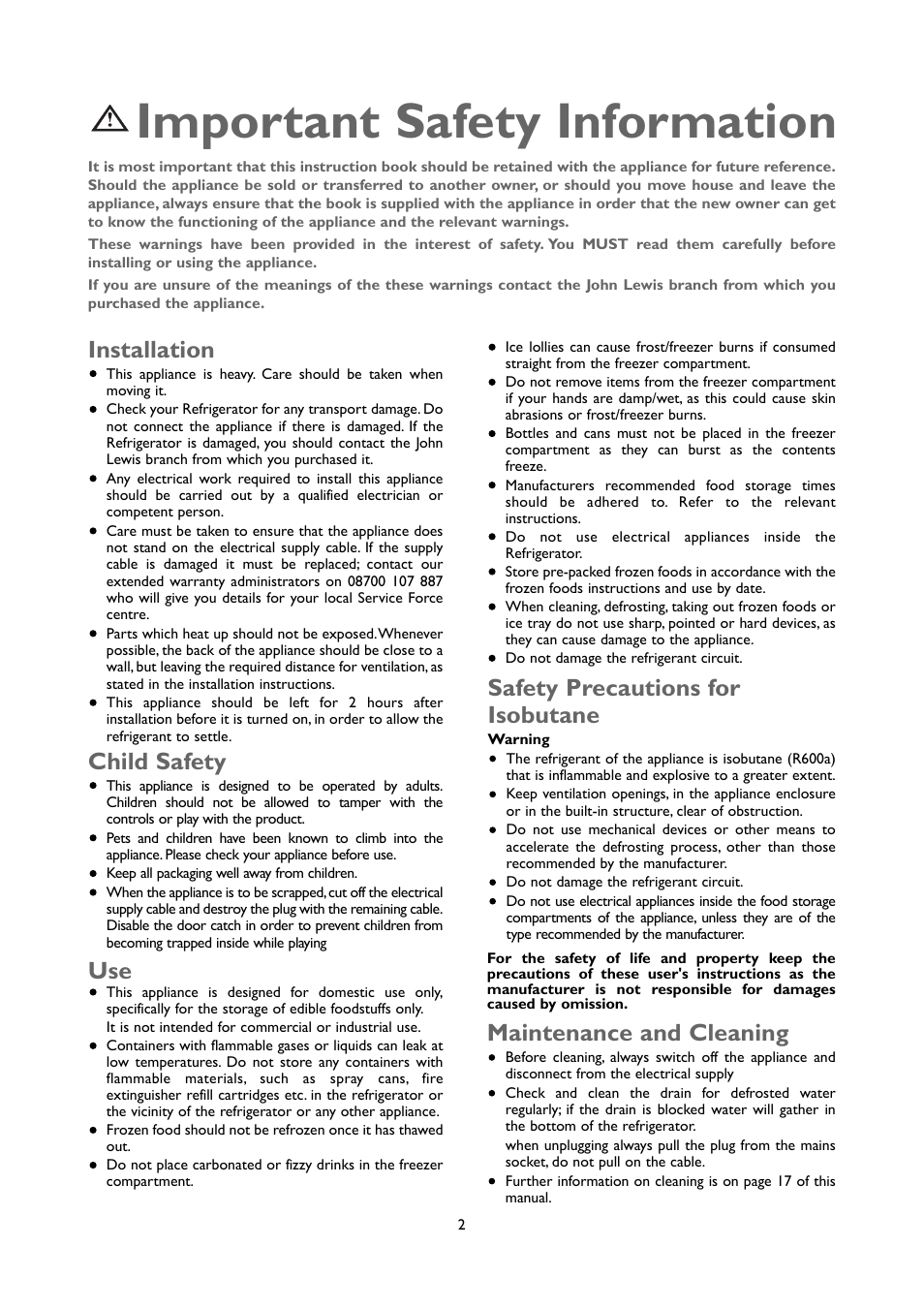 Important safety information, Child safety, Installation | Safety precautions for isobutane, Maintenance and cleaning | John Lewis JLUCFRW6001 User Manual | Page 2 / 20