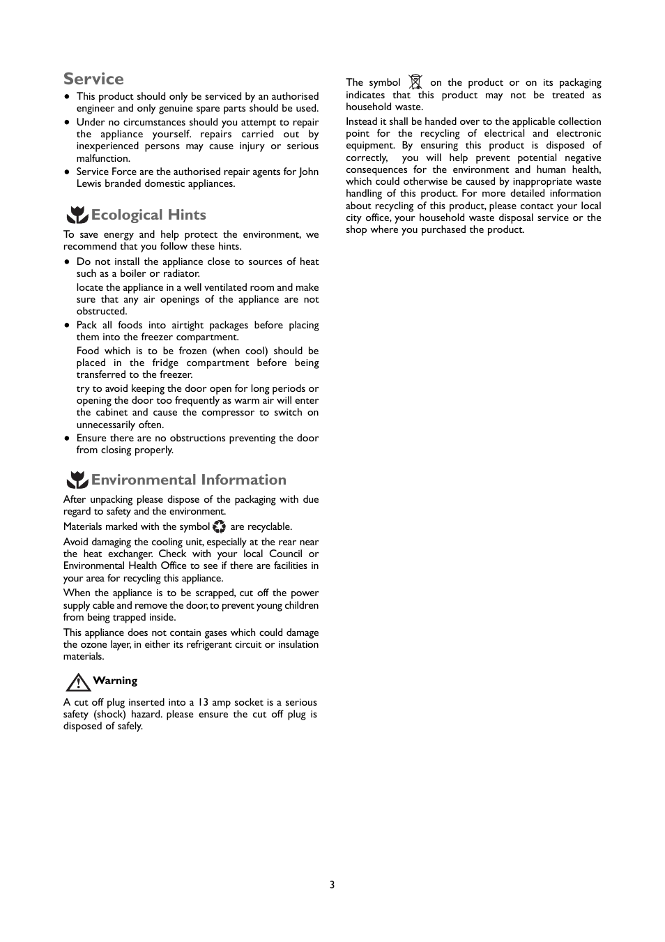 Service, Ecological hints, Environmental information | John Lewis JLUCFRW6001 User Manual | Page 3 / 20