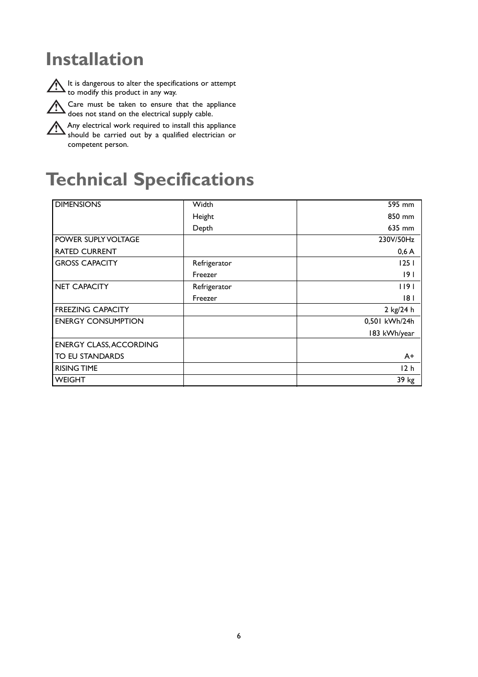 Technical specifications, Installation | John Lewis JLUCFRW6001 User Manual | Page 6 / 20