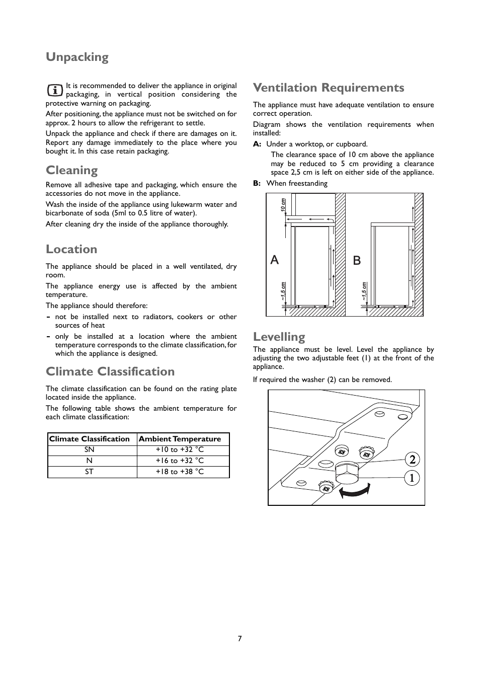 Cleaning, Unpacking location, Climate classification | Ventilation requirements, Levelling | John Lewis JLUCFRW6001 User Manual | Page 7 / 20