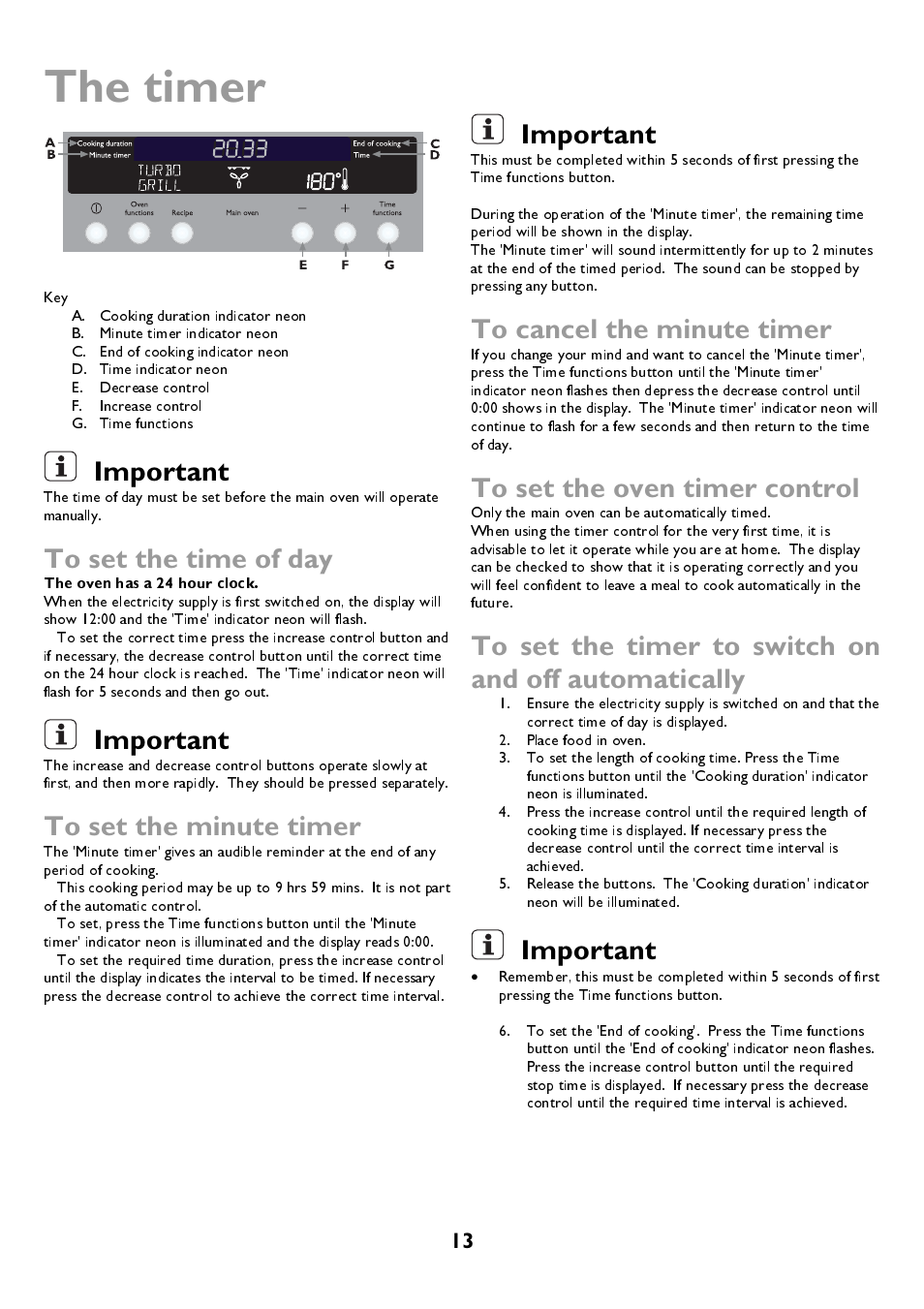 The timer, Important, The oven has a 24 hour clock | John Lewis JLBIDOS906 User Manual | Page 13 / 40