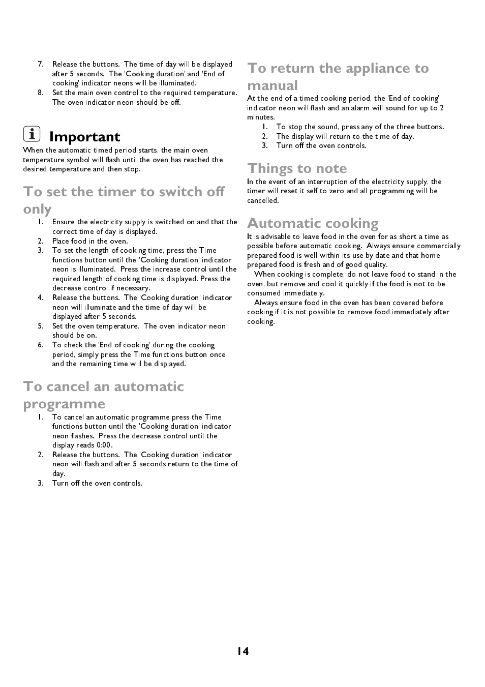 Important, Automatic cooking | John Lewis JLBIDOS906 User Manual | Page 14 / 40