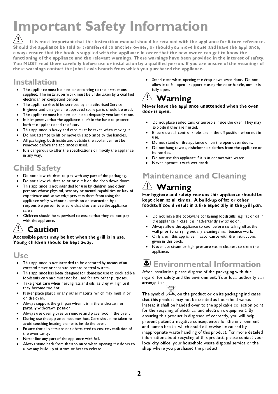 Important safety information, Installation, Child safety | Caution, Warning, Maintenance and cleaning, Environmental information | John Lewis JLBIDOS906 User Manual | Page 2 / 40
