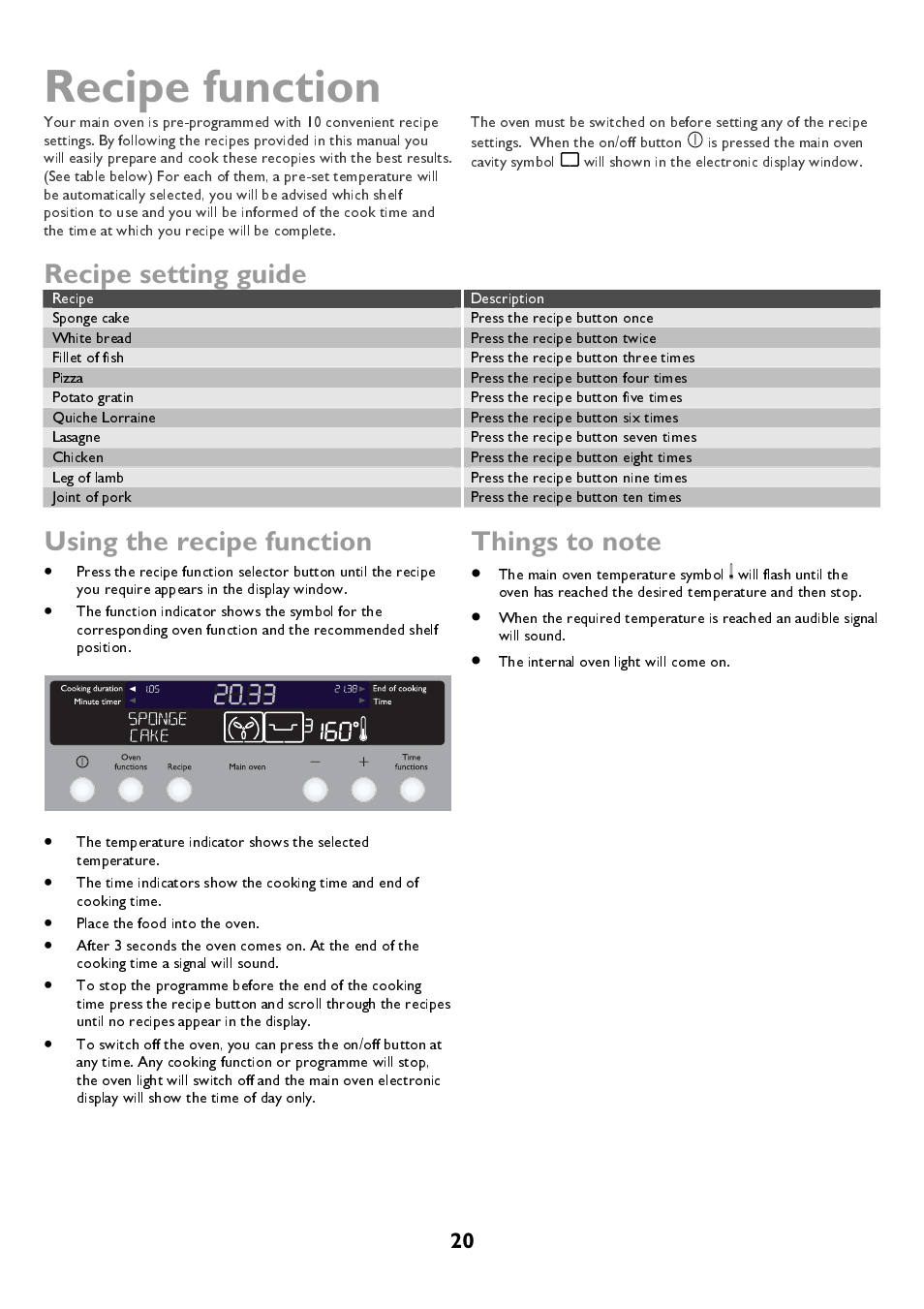 Recipe function, Recipe setting guide, Using the recipe function | John Lewis JLBIDOS906 User Manual | Page 20 / 40