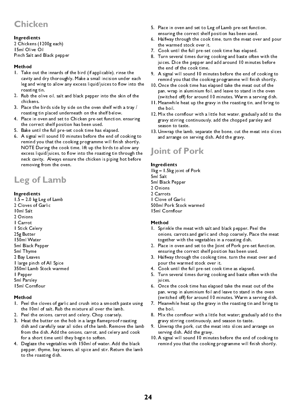 Chicken, Leg of lamb, Joint of pork | Ingredients, Method | John Lewis JLBIDOS906 User Manual | Page 24 / 40