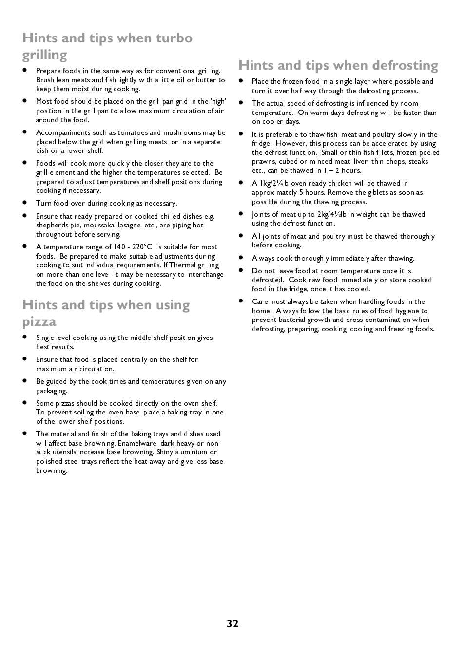 Hints and tips when turbo grilling, Hints and tips when using pizza, Hints and tips when defrosting | John Lewis JLBIDOS906 User Manual | Page 32 / 40
