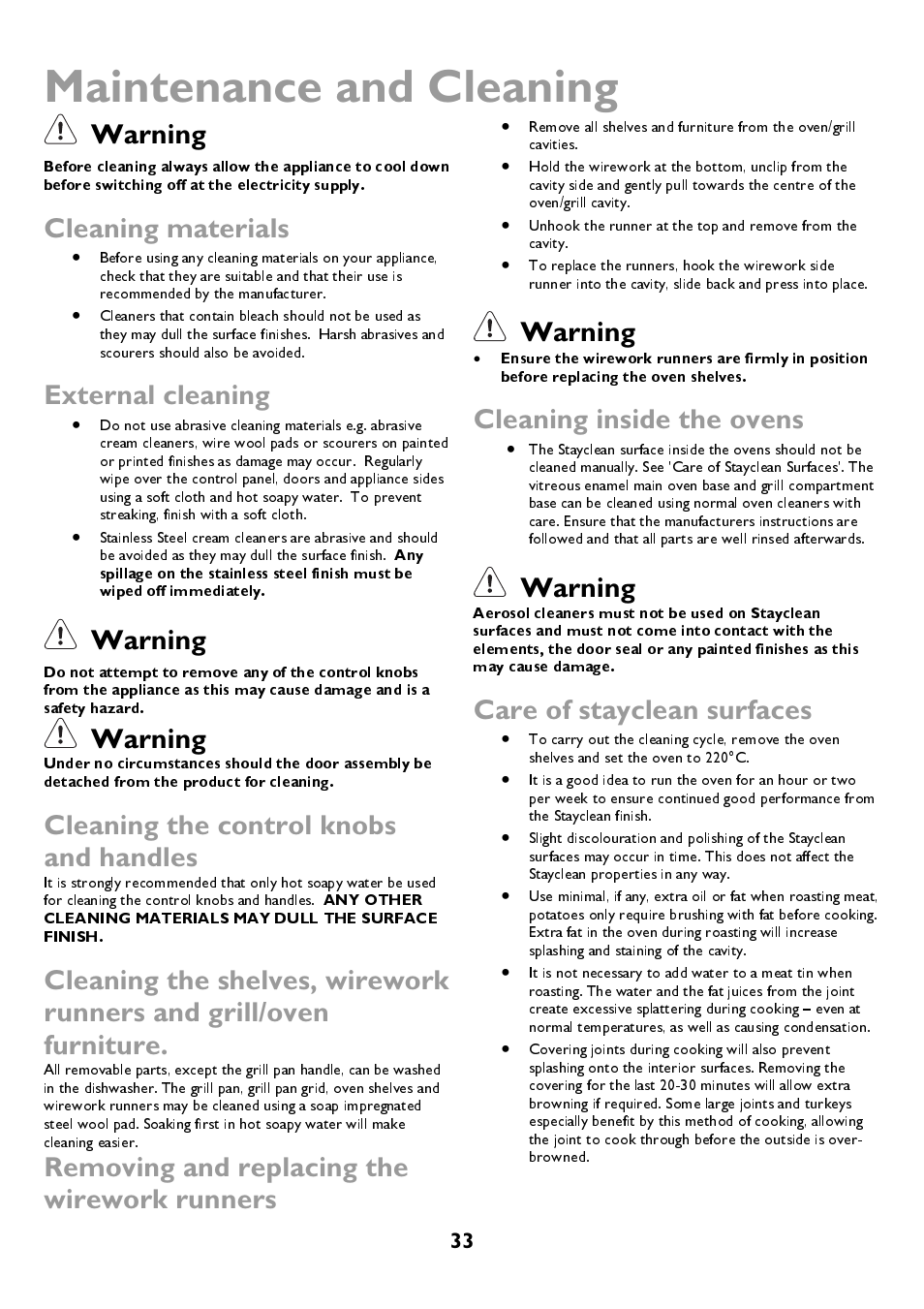 Maintenance and cleaning, Warning, Cleaning materials | External cleaning, Cleaning the control knobs and handles, Removing and replacing the wirework runners, Cleaning inside the ovens, Care of stayclean surfaces | John Lewis JLBIDOS906 User Manual | Page 33 / 40