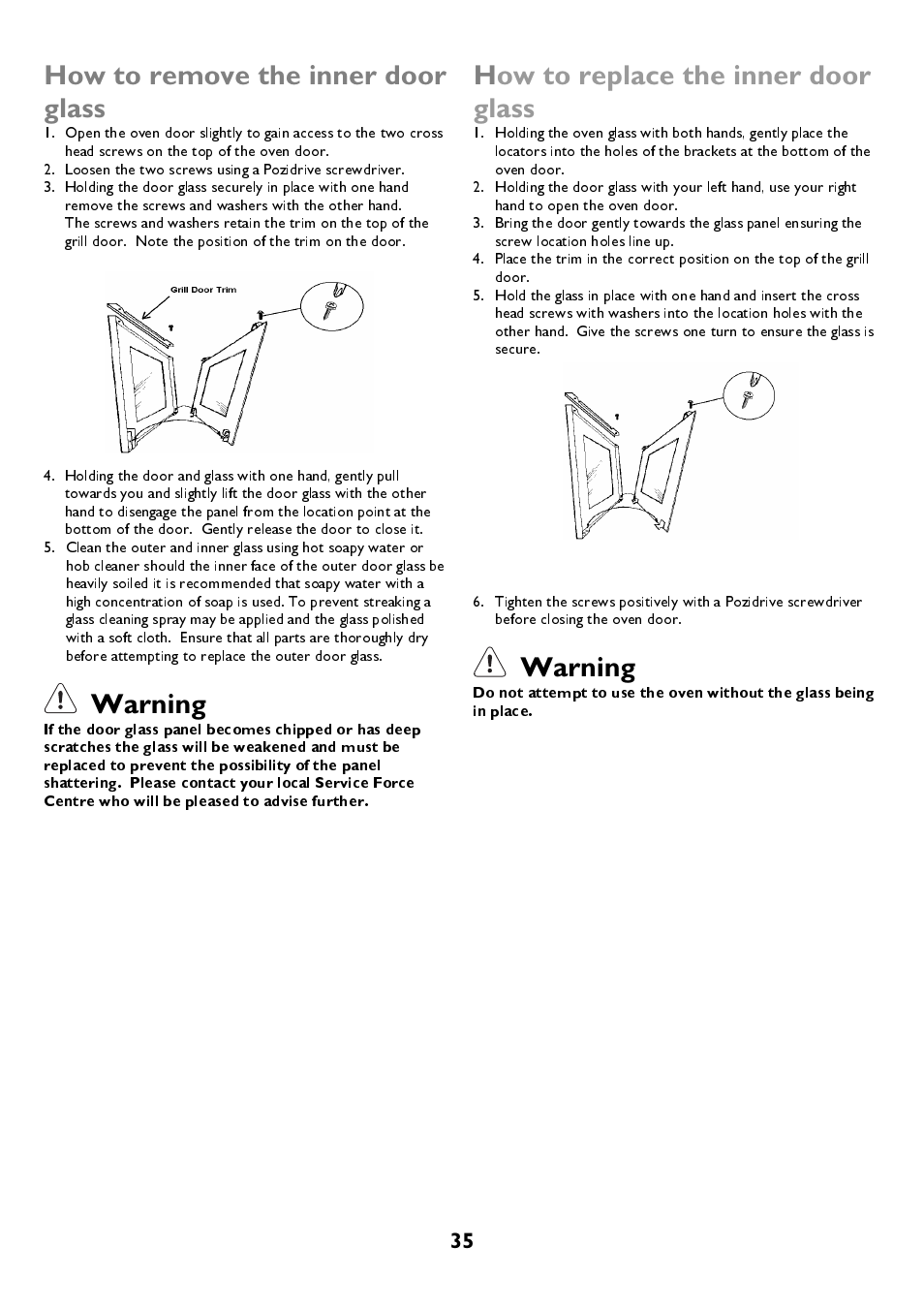How to remove the inner door glass, Warning, How to replace the inner door glass | John Lewis JLBIDOS906 User Manual | Page 35 / 40