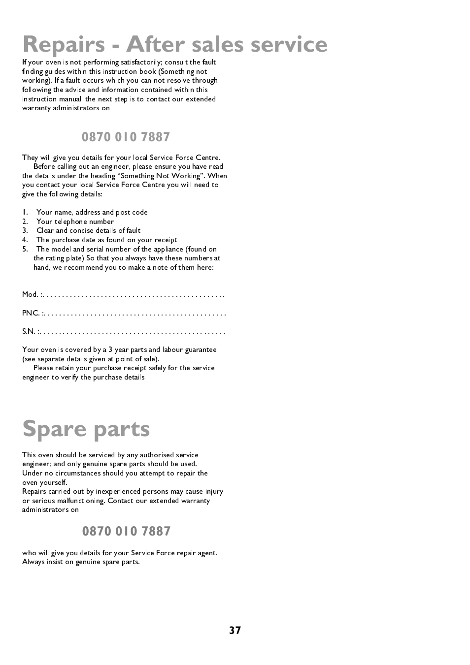Repairs - after sales service, Spare parts | John Lewis JLBIDOS906 User Manual | Page 37 / 40