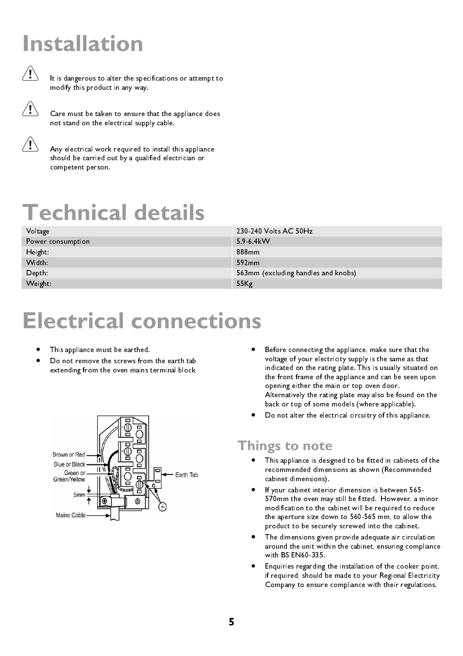 Installation, Technical details, Electrical connections | John Lewis JLBIDOS906 User Manual | Page 5 / 40
