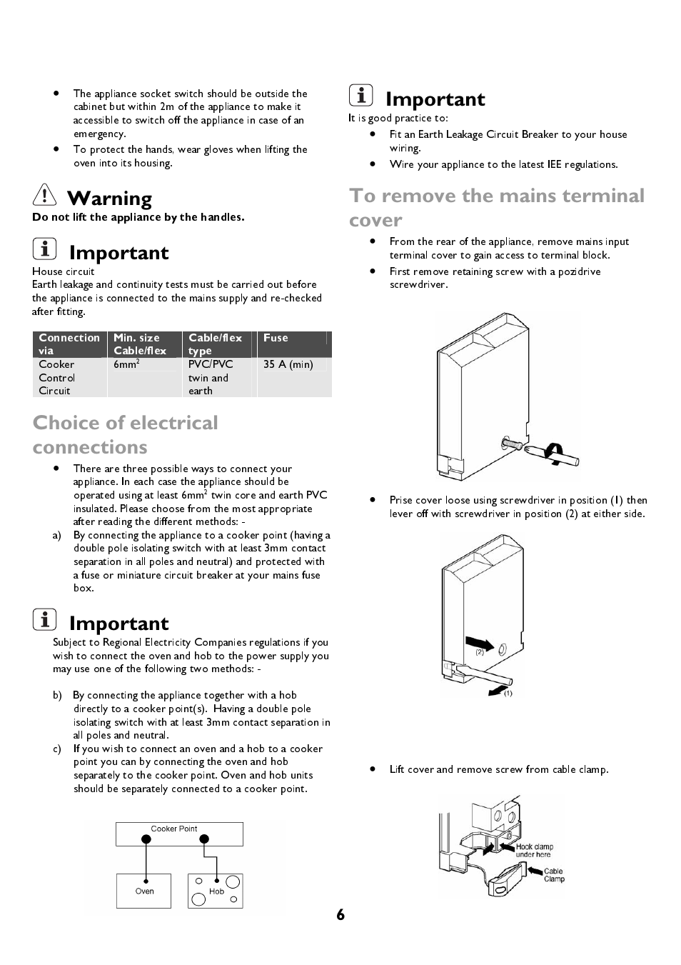 Warning, Important, Choice of electrical connections | Do not lift the appliance by the handles | John Lewis JLBIDOS906 User Manual | Page 6 / 40