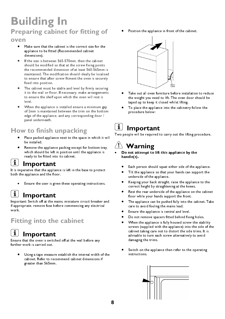 Building in, Preparing cabinet for fitting of oven, How to finish unpacking | Important, Fitting into the cabinet, Warning | John Lewis JLBIDOS906 User Manual | Page 8 / 40