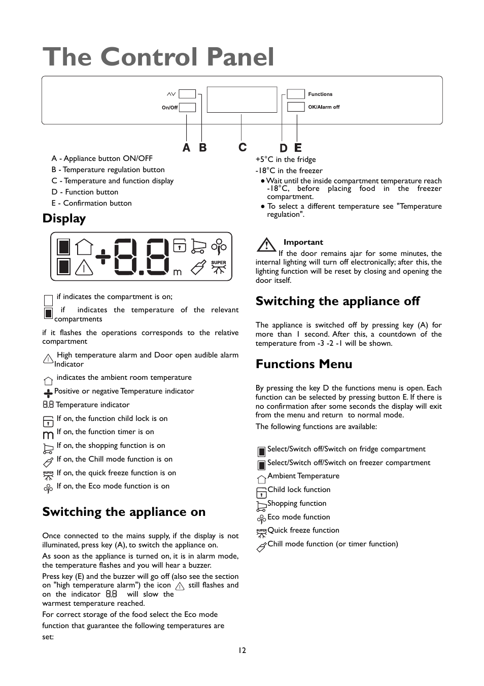 The control panel, Display, Switching the appliance on | Switching the appliance off, Functions menu | John Lewis JLFFW1807 User Manual | Page 12 / 24