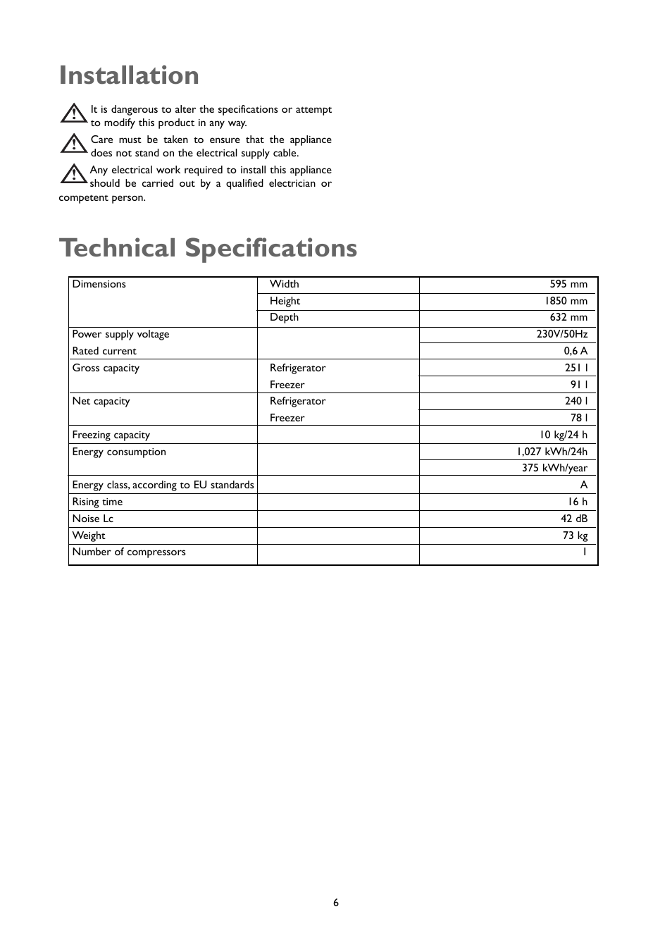 Technical specifications, Installation | John Lewis JLFFW1807 User Manual | Page 6 / 24