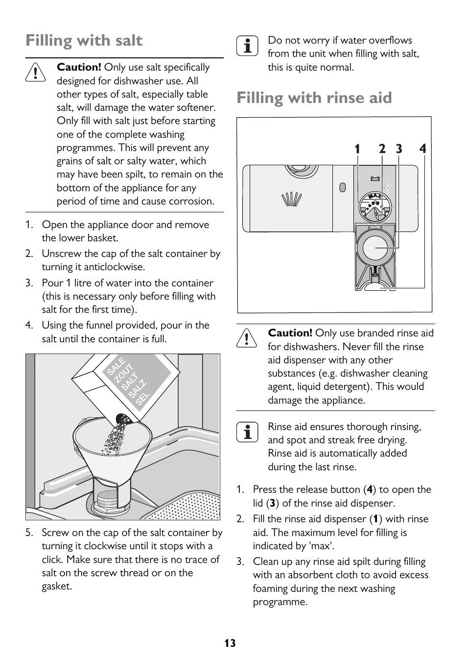 Filling with salt, Filling with rinse aid | John Lewis JLDW 1225 User Manual | Page 13 / 36