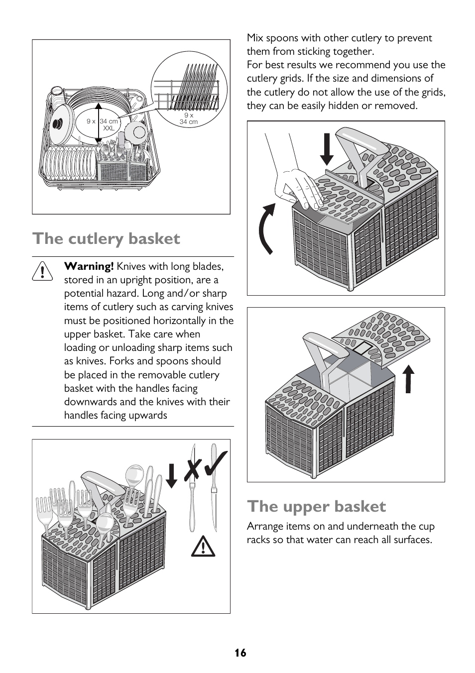 The cutlery basket, The upper basket | John Lewis JLDW 1225 User Manual | Page 16 / 36