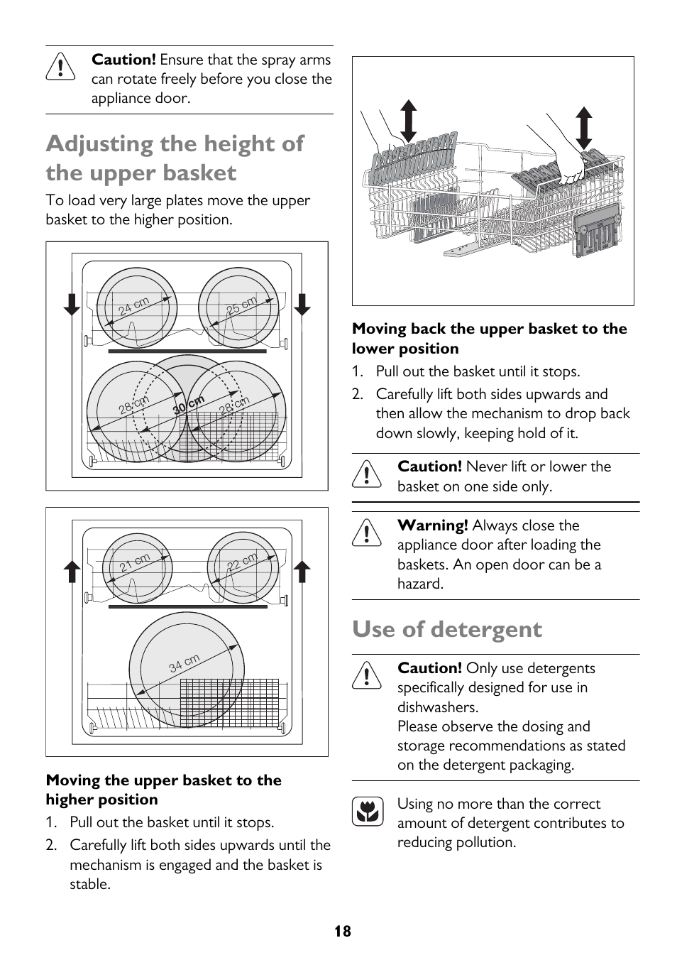 Adjusting the height of the upper basket, Use of detergent | John Lewis JLDW 1225 User Manual | Page 18 / 36