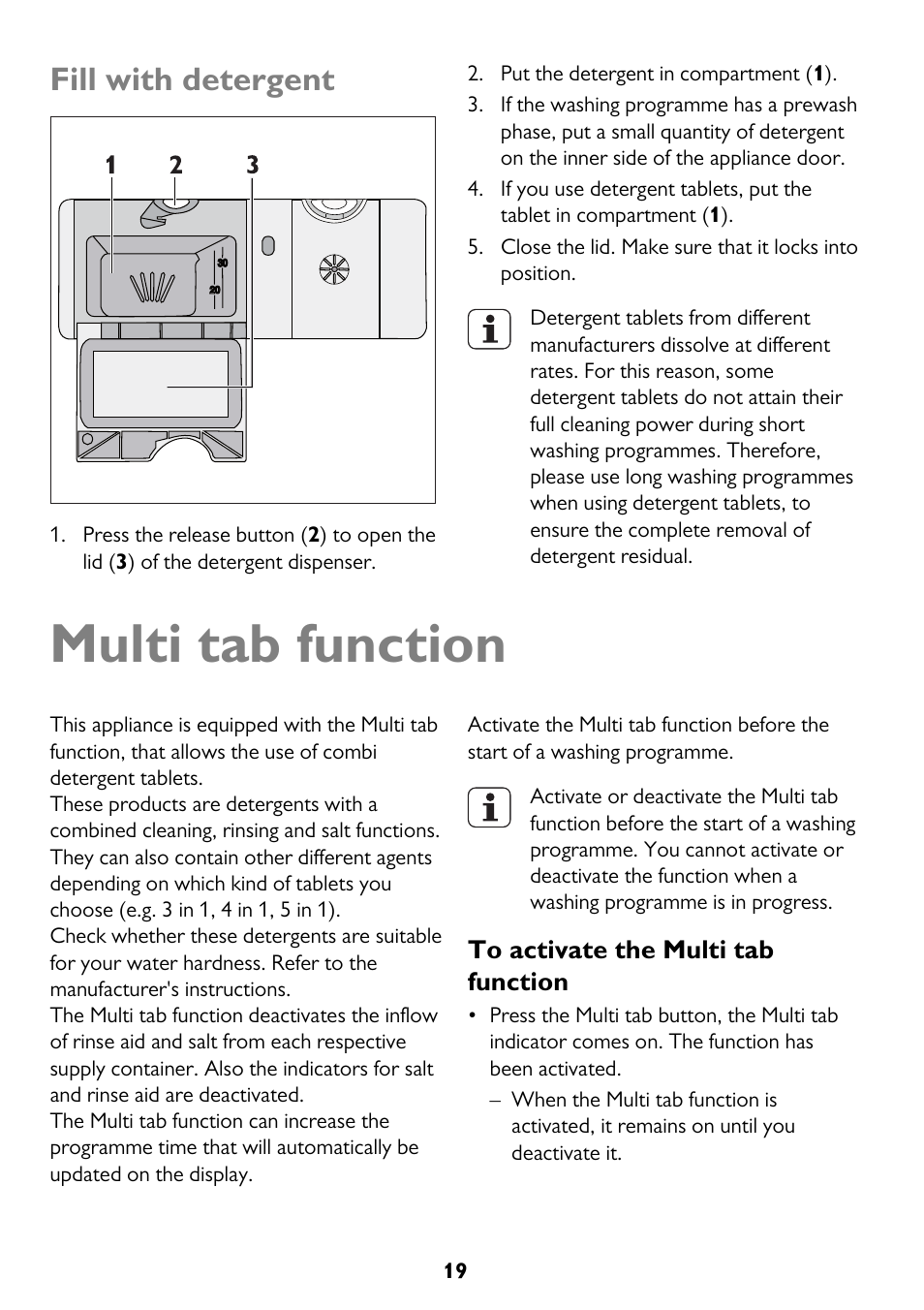 Multi tab function, Fill with detergent | John Lewis JLDW 1225 User Manual | Page 19 / 36