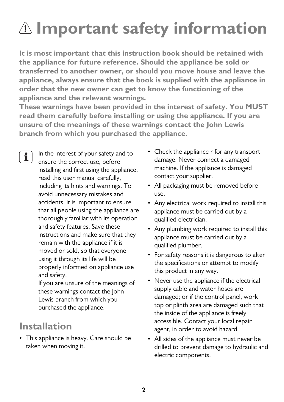 Important safety information, Installation | John Lewis JLDW 1225 User Manual | Page 2 / 36