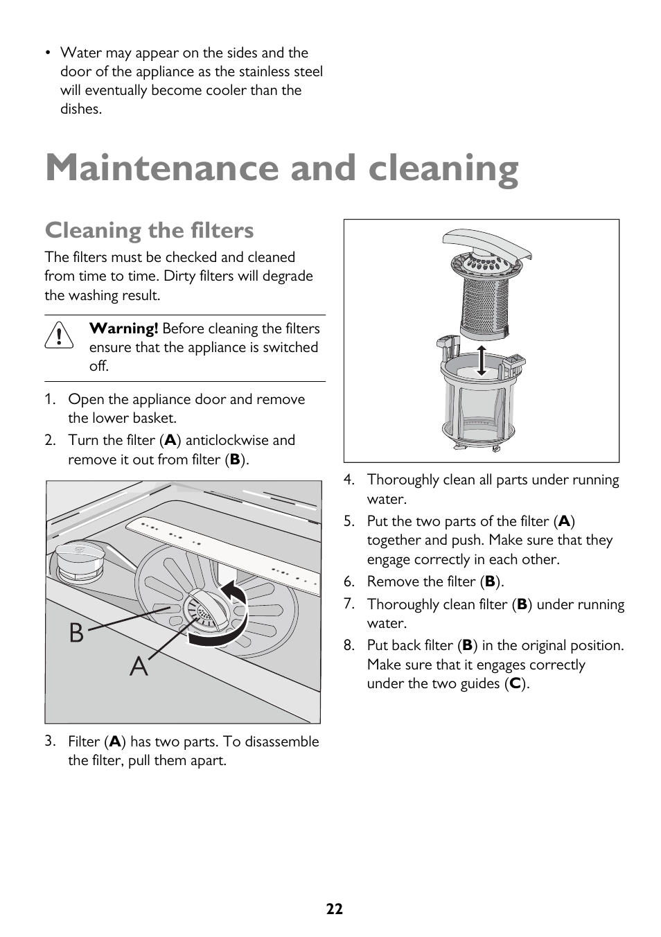 Maintenance and cleaning, Cleaning the filters | John Lewis JLDW 1225 User Manual | Page 22 / 36