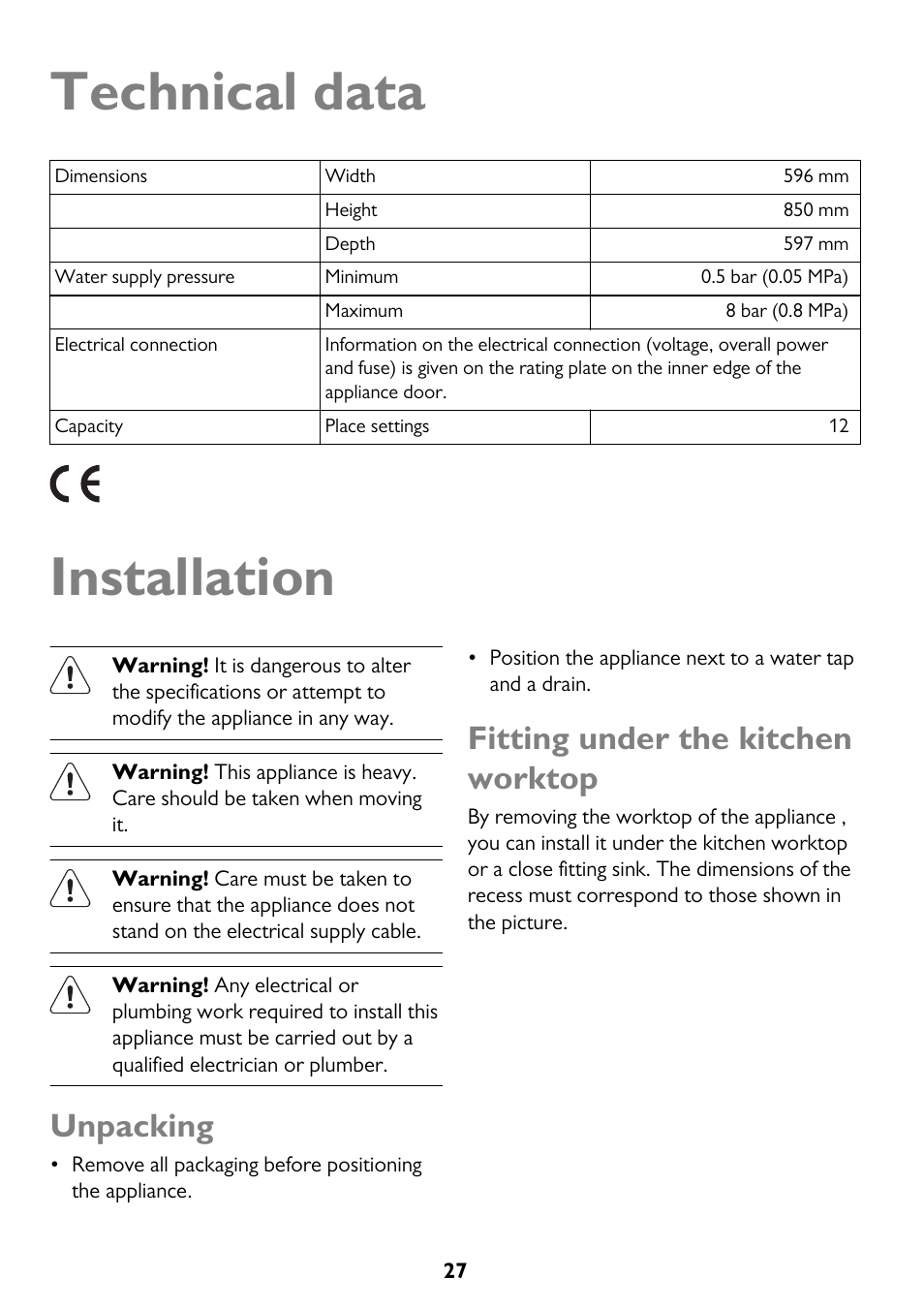 Technical data, Installation, Unpacking | Fitting under the kitchen worktop | John Lewis JLDW 1225 User Manual | Page 27 / 36