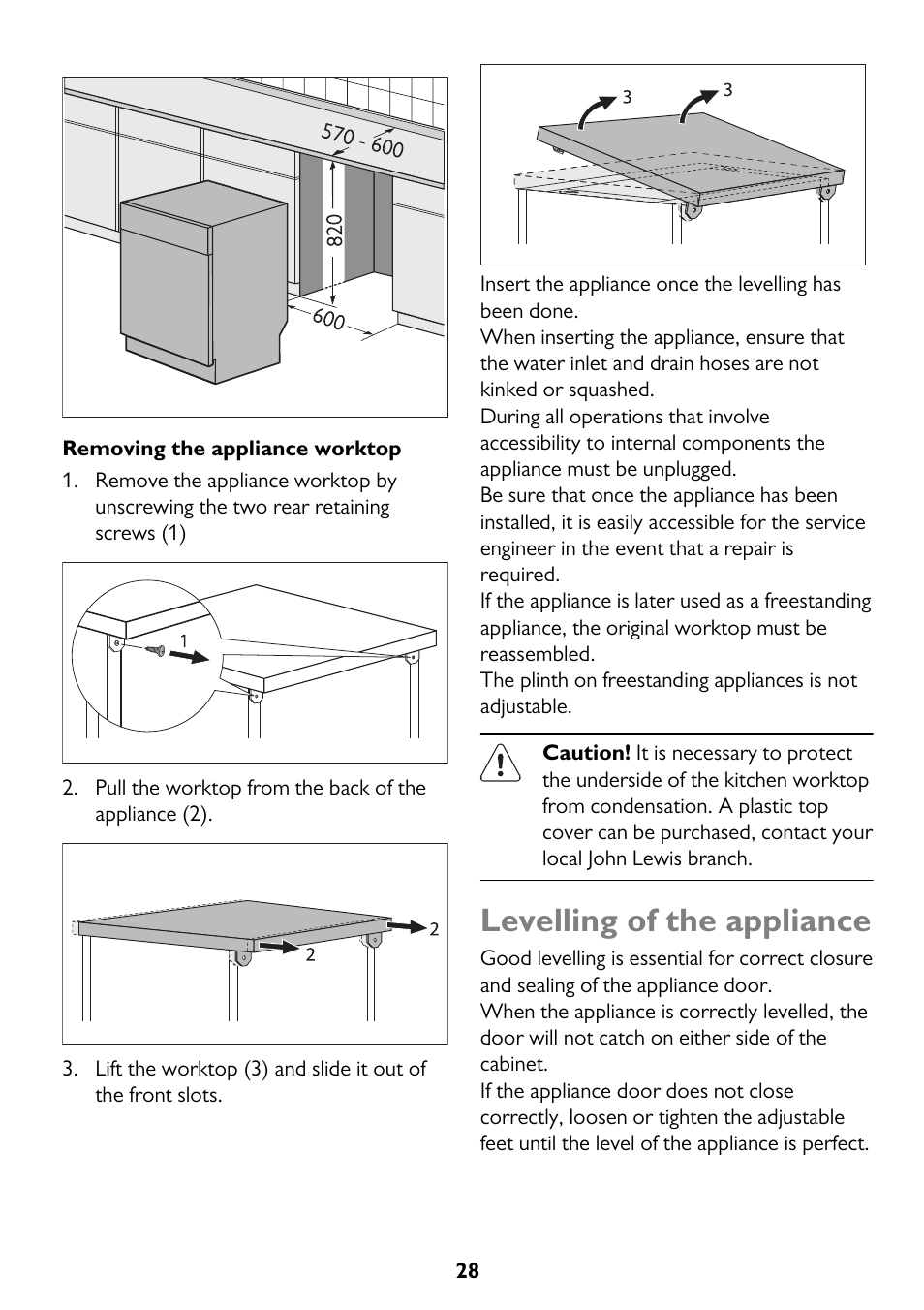 Levelling of the appliance | John Lewis JLDW 1225 User Manual | Page 28 / 36