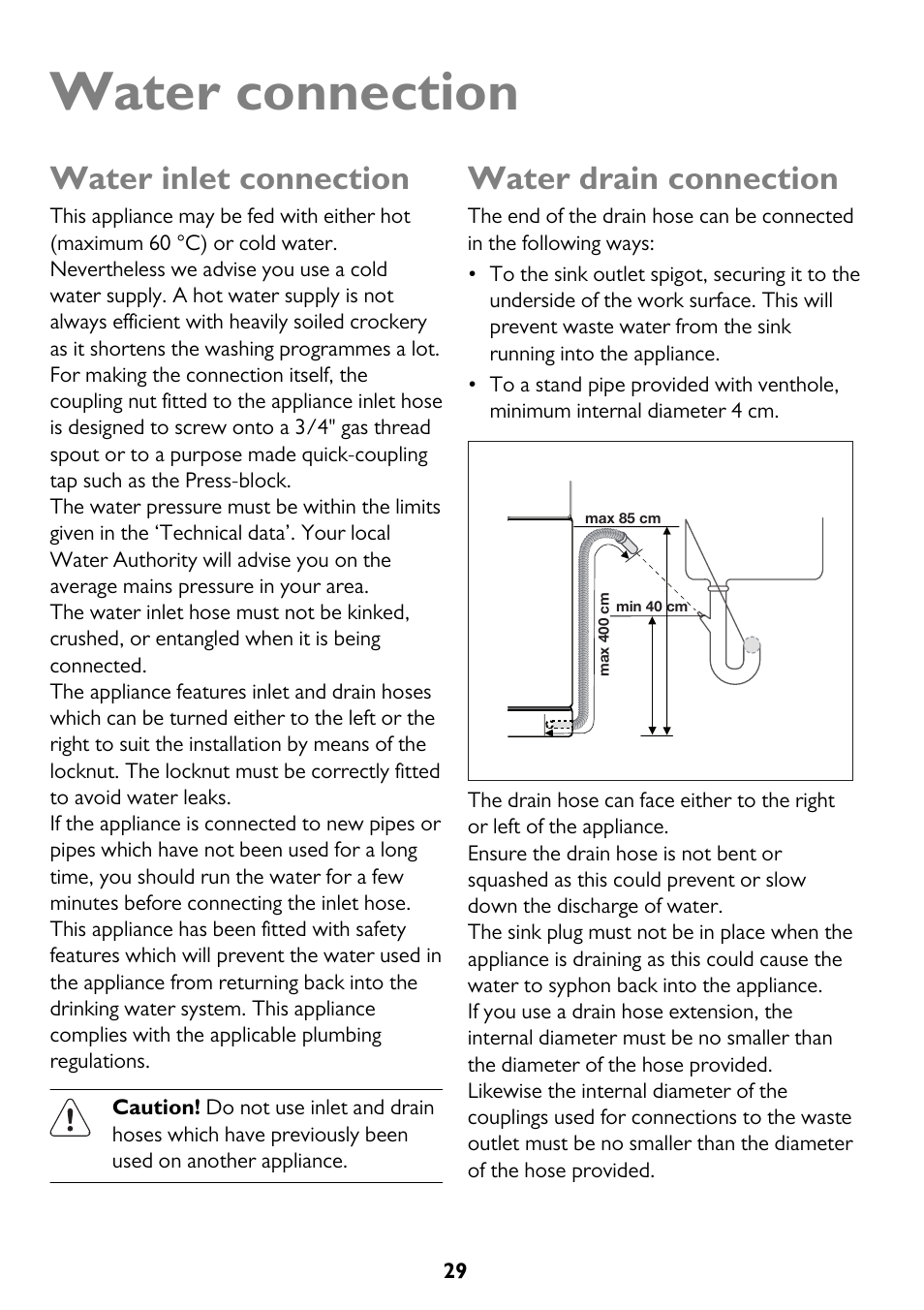 Water connection, Water inlet connection, Water drain connection | John Lewis JLDW 1225 User Manual | Page 29 / 36