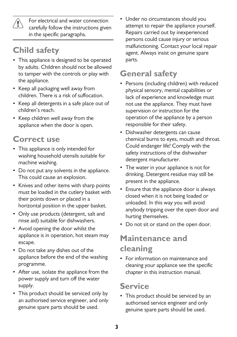 Child safety, Correct use, General safety | Maintenance and cleaning, Service | John Lewis JLDW 1225 User Manual | Page 3 / 36