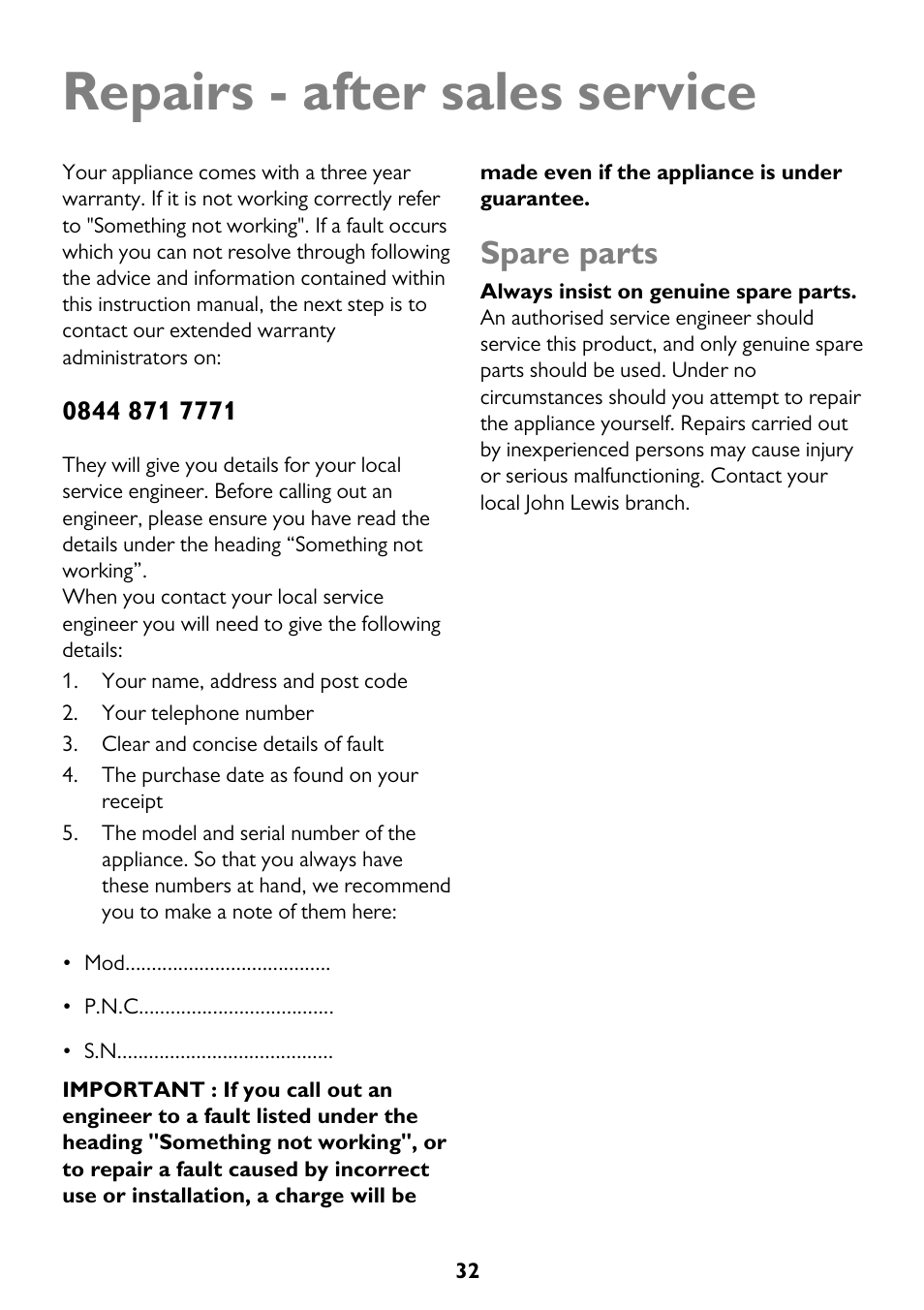 Repairs - after sales service, Spare parts | John Lewis JLDW 1225 User Manual | Page 32 / 36