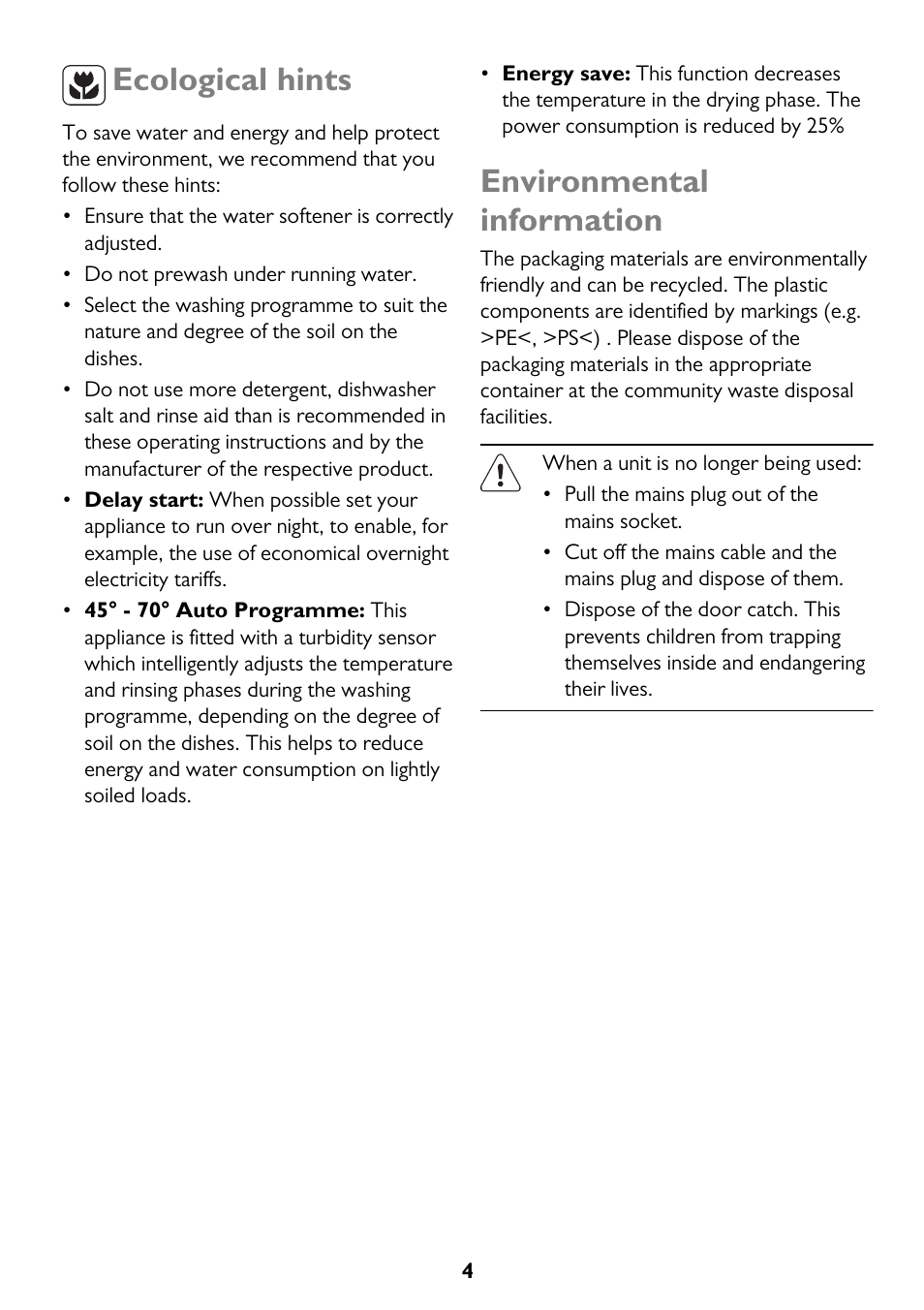 Ecological hints, Environmental information | John Lewis JLDW 1225 User Manual | Page 4 / 36