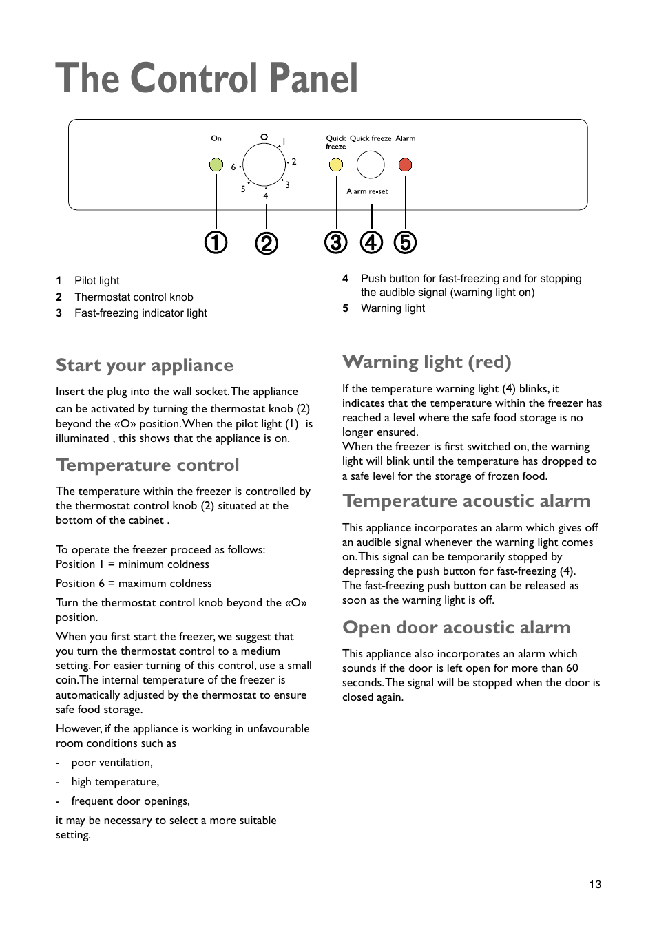 The control panel, Start your appliance, Temperature control | Warning light (red), Temperature acoustic alarm, Open door acoustic alarm | John Lewis JLBIUCF 01 User Manual | Page 13 / 20