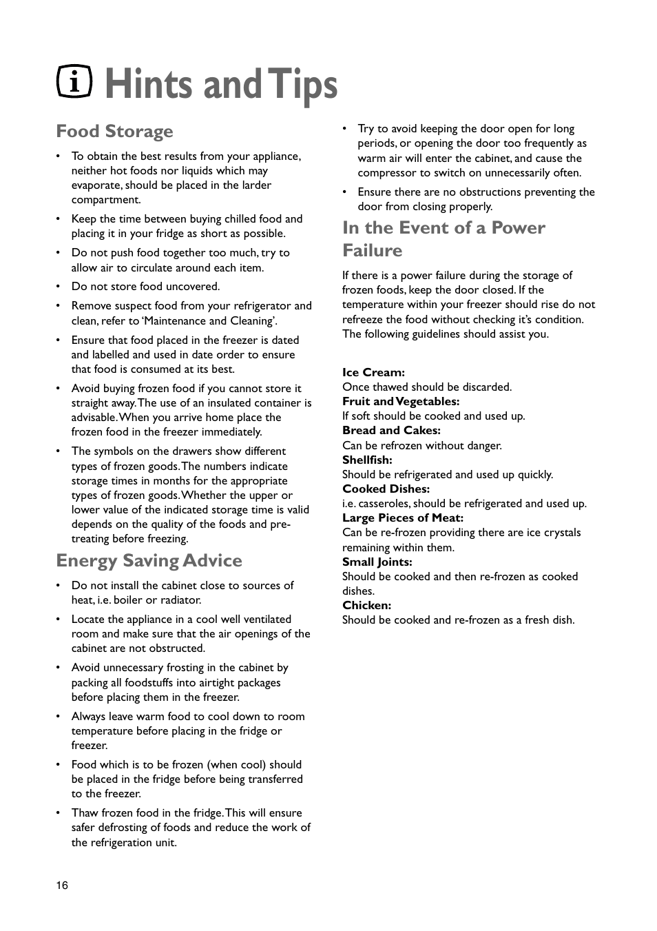 Hints and tips, Food storage, Energy saving advice | John Lewis JLBIUCF 01 User Manual | Page 16 / 20