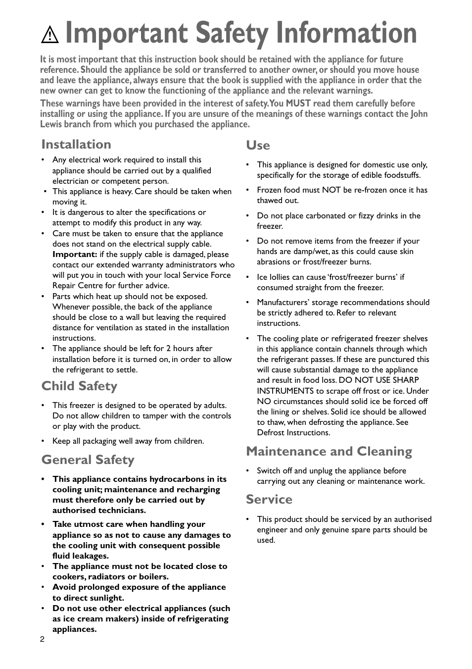 Important safety information, Installation, Child safety | General safety, Maintenance and cleaning, Service | John Lewis JLBIUCF 01 User Manual | Page 2 / 20
