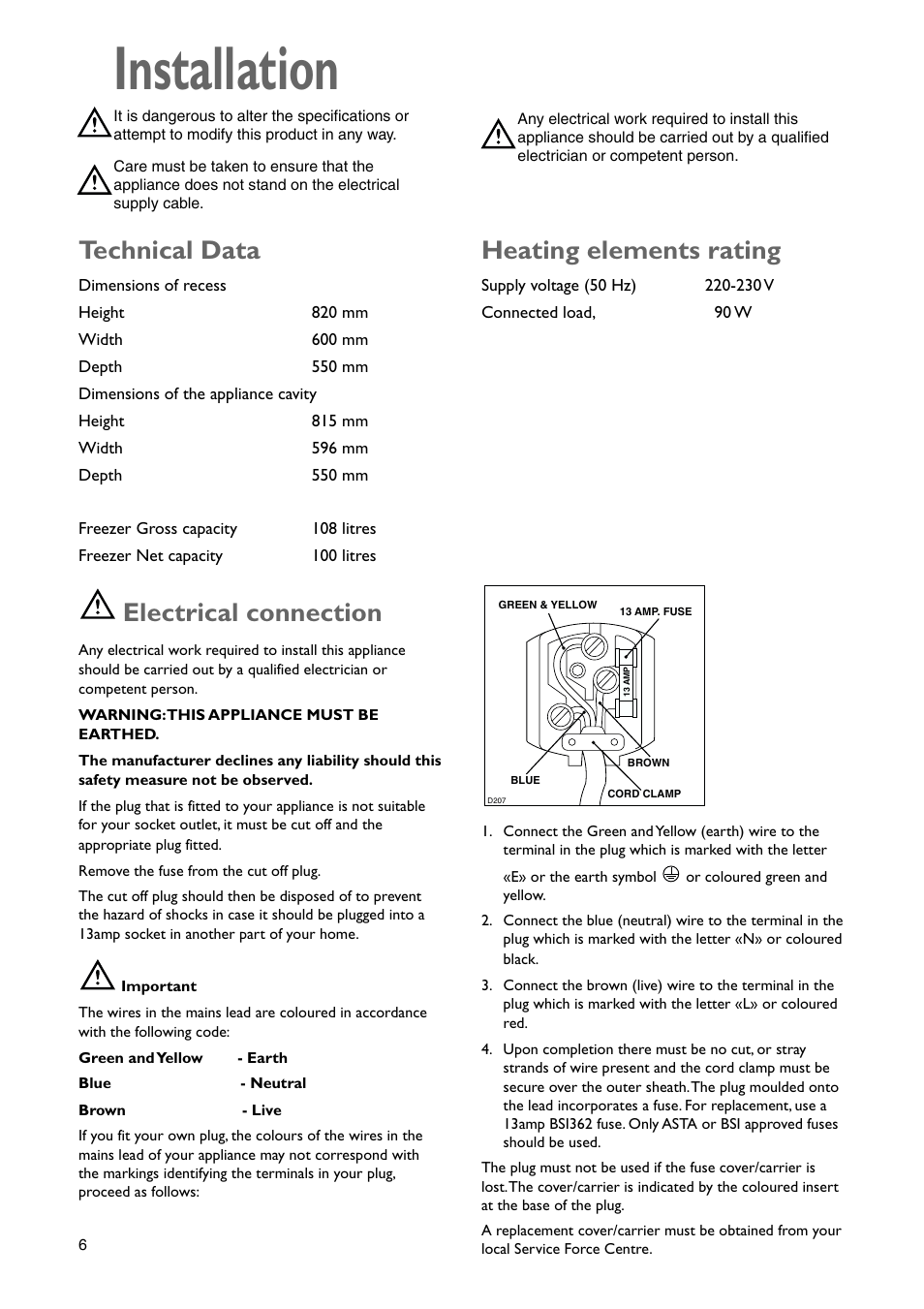 Installation, Electrical connection, Technical data | Heating elements rating | John Lewis JLBIUCF 01 User Manual | Page 6 / 20
