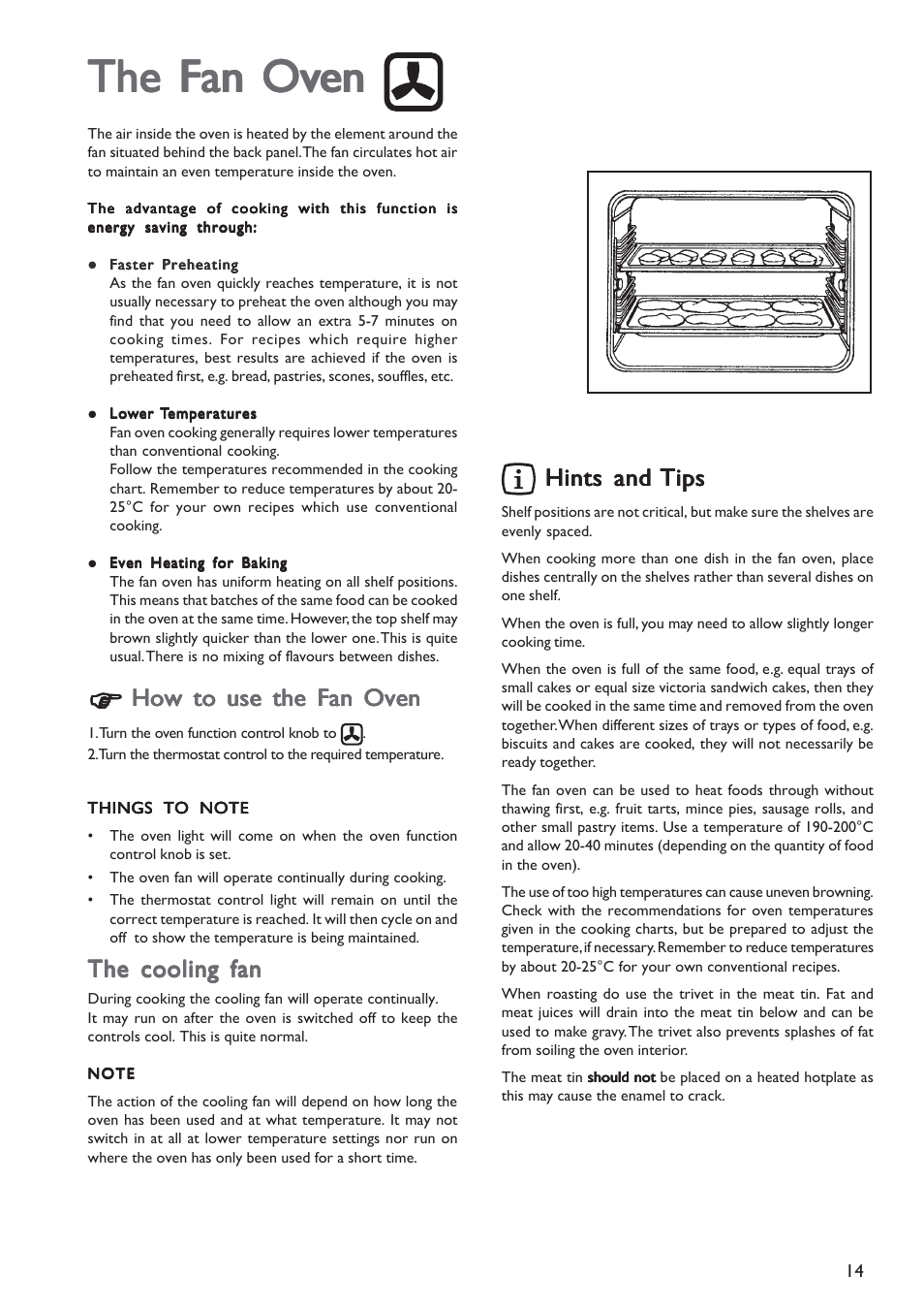 The fan ov, The fan ov the fan oven en en en en, How to use the fan oven | The cooling fan, Hints and, Hints and hints and tips tips tips tips tips | John Lewis JLBIOS601 User Manual | Page 14 / 24
