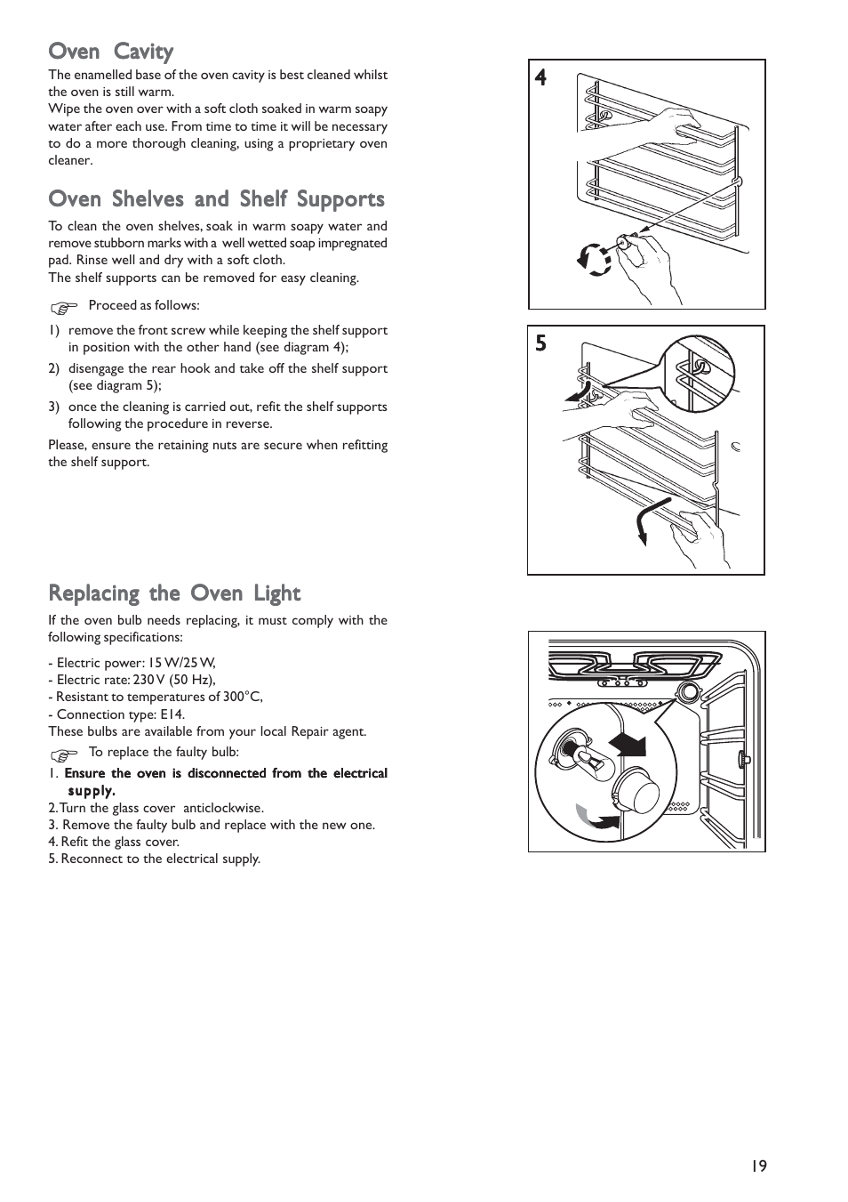 Replacing the oven light, Oven shelves and shelf supports | John Lewis JLBIOS601 User Manual | Page 19 / 24