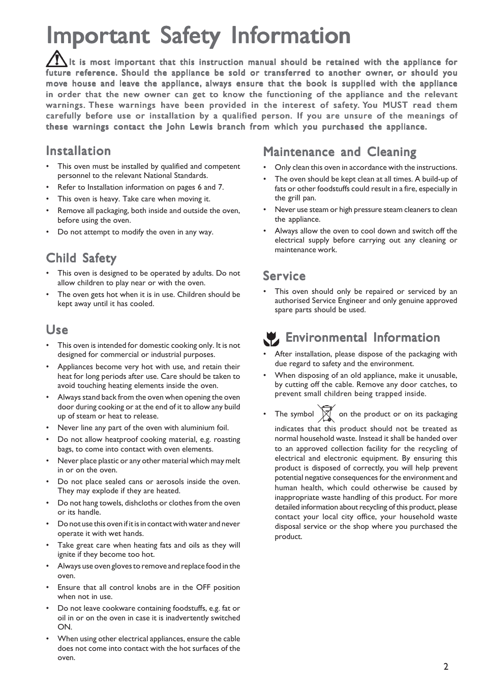 Impor, Installation, Child safety | Maintenance and cleaning, Ser ser vice vice vice vice vice | John Lewis JLBIOS601 User Manual | Page 2 / 24