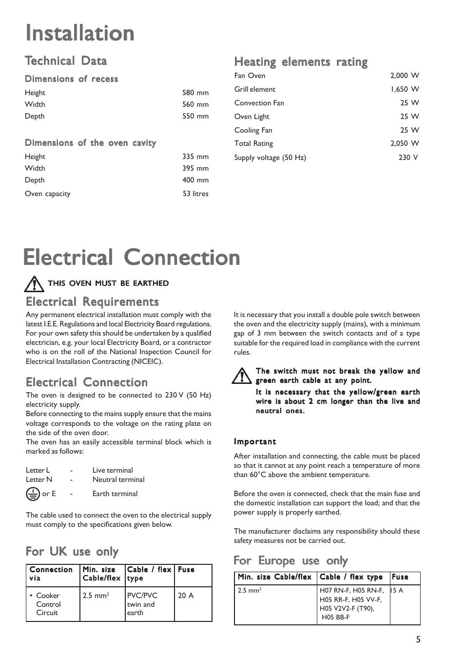 Installation, Electrical requirements, Electrical connection | For uk use only, Heating elements rating | John Lewis JLBIOS601 User Manual | Page 5 / 24