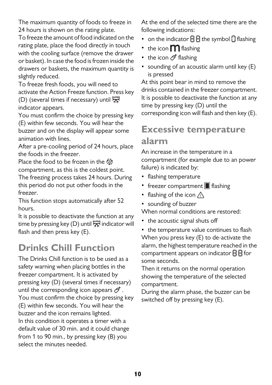 Drinks chill function, Excessive temperature alarm | John Lewis JLFFW2013 User Manual | Page 10 / 28
