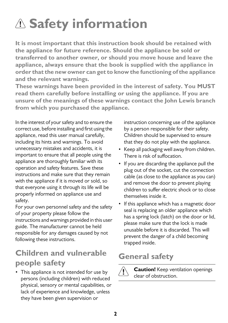 Safety information, Children and vulnerable people safety, General safety | John Lewis JLFFW2013 User Manual | Page 2 / 28