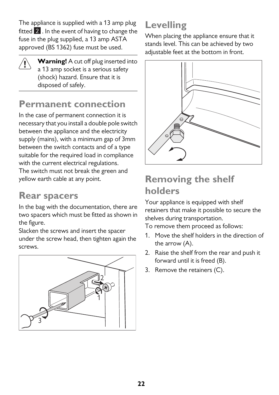 Permanent connection, Rear spacers, Levelling | Removing the shelf holders | John Lewis JLFFW2013 User Manual | Page 22 / 28