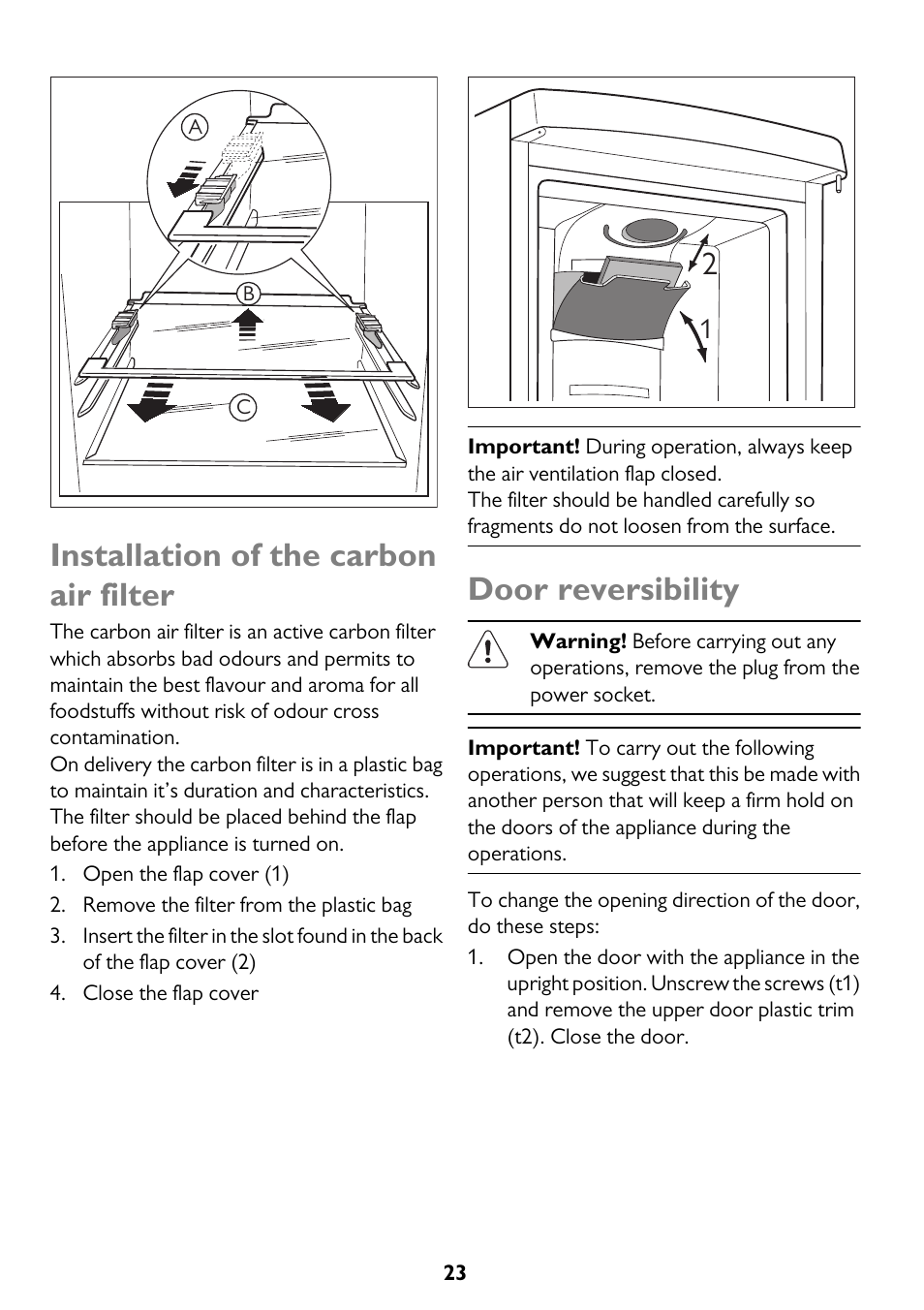 Installation of the carbon air filter, Door reversibility | John Lewis JLFFW2013 User Manual | Page 23 / 28