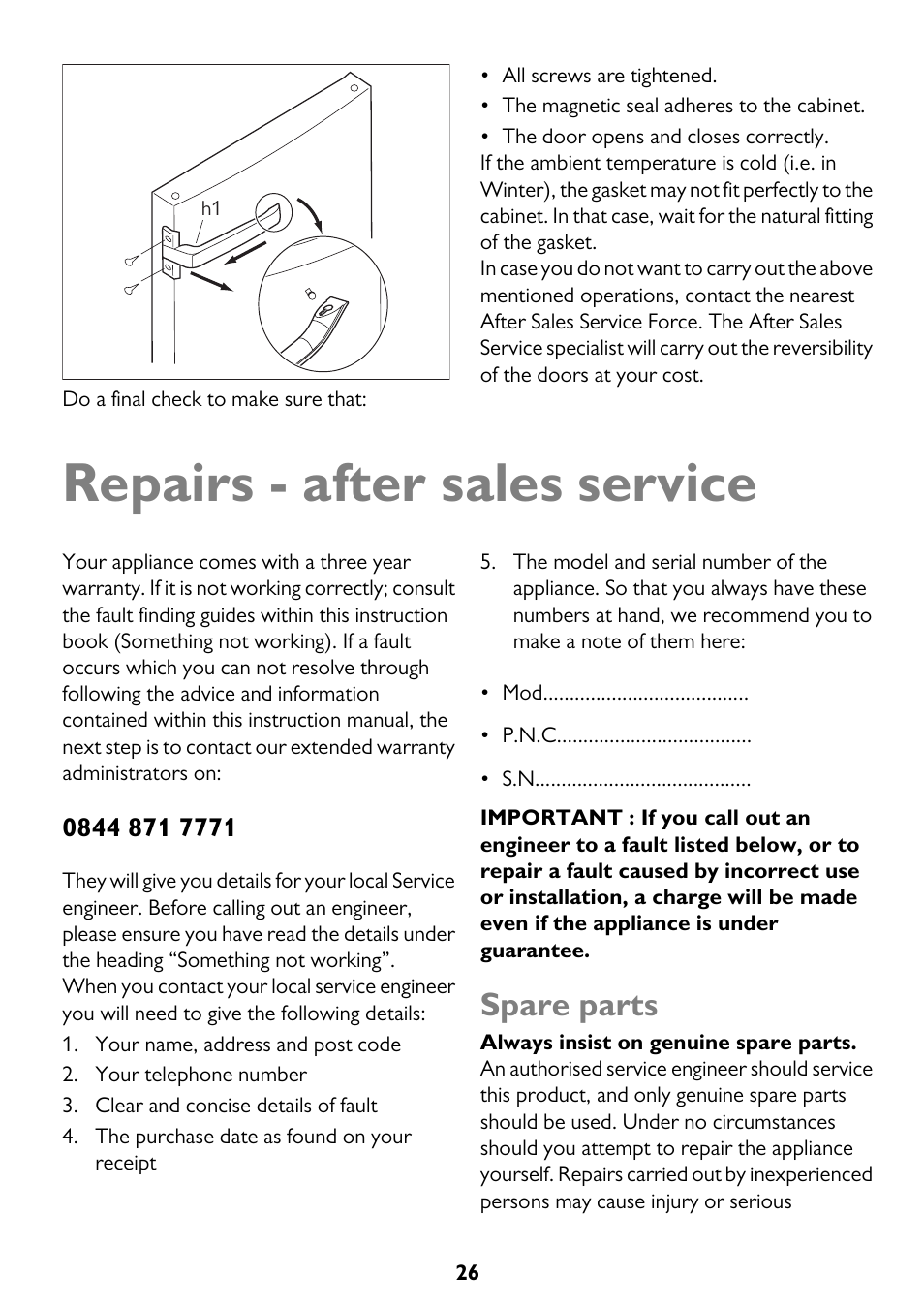 Repairs - after sales service, Spare parts | John Lewis JLFFW2013 User Manual | Page 26 / 28