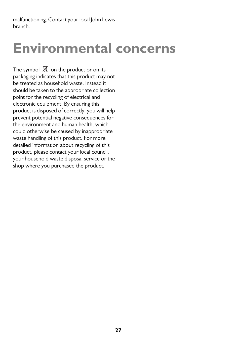 Environmental concerns | John Lewis JLFFW2013 User Manual | Page 27 / 28