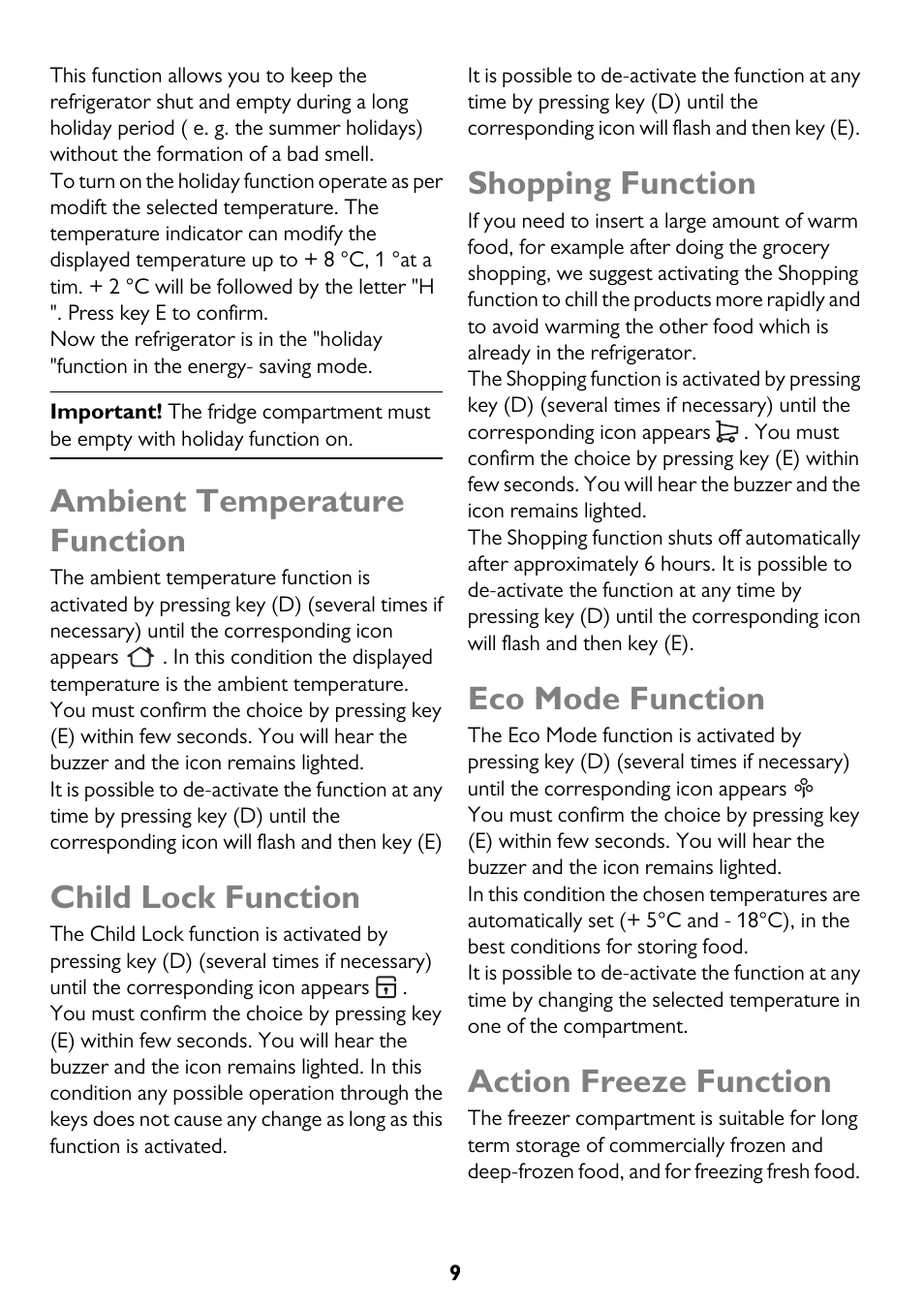 Ambient temperature function, Child lock function, Shopping function | Eco mode function, Action freeze function | John Lewis JLFFW2013 User Manual | Page 9 / 28