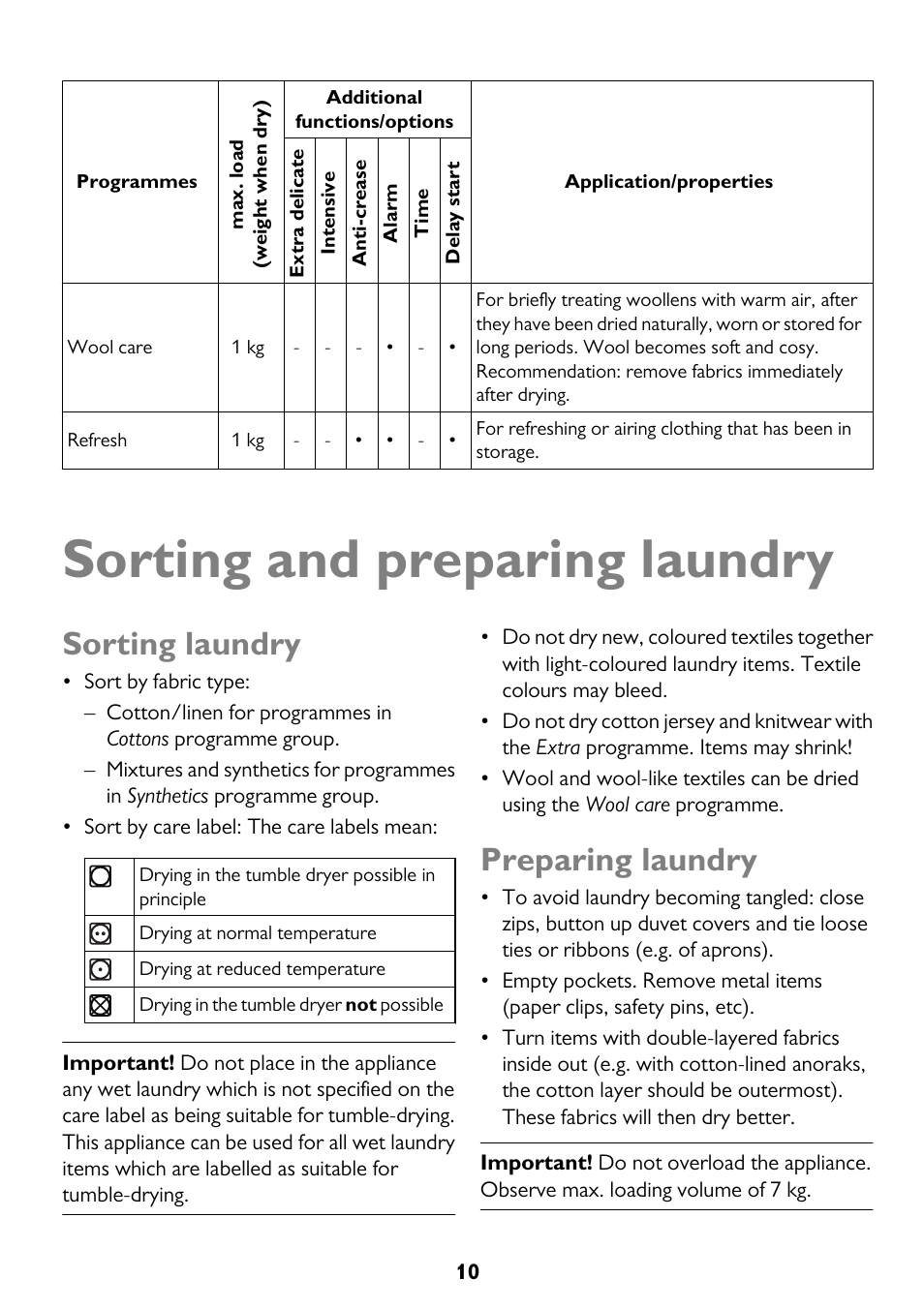 Sorting and preparing laundry, Sorting laundry, Preparing laundry | John Lewis JLTDC11 User Manual | Page 10 / 32