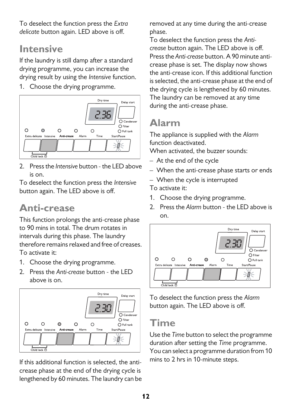 Intensive, Anti-crease, Alarm | Time | John Lewis JLTDC11 User Manual | Page 12 / 32